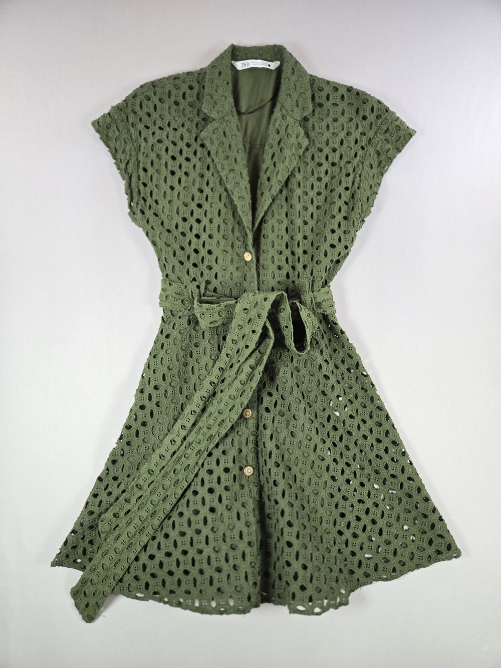 ZARA Olive Green Embroidered Eyelet Shirt Mini Dress XS